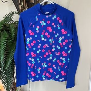 Brand New Lands' End Long Sleeve Mock Neck Rash Guard Electric Blue Bubbles